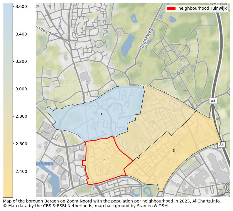 Map of the borough Bergen op Zoom-Noord with the population per neighbourhood in 2023. This page shows a lot of information about residents (such as the distribution by age groups, family composition, gender, native or Dutch with an immigration background, ...), homes (numbers, types, price development, use, type of property, ...) and more (car ownership, energy consumption, ...) based on open data from the Dutch Central Bureau of Statistics and various other sources!