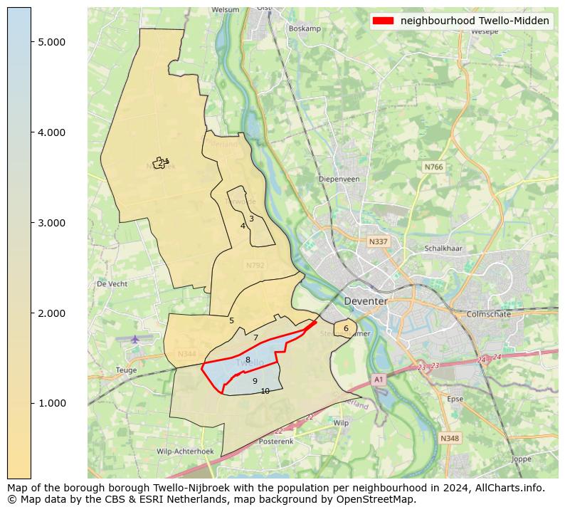 Image of the neighbourhood Twello-Midden at the map. This image is used as introduction to this page. This page shows a lot of information about the population in the neighbourhood Twello-Midden (such as the distribution by age groups of the residents, the composition of households, whether inhabitants are natives or Dutch with an immigration background, data about the houses (numbers, types, price development, use, type of property, ...) and more (car ownership, energy consumption, ...) based on open data from the Dutch Central Bureau of Statistics and various other sources!