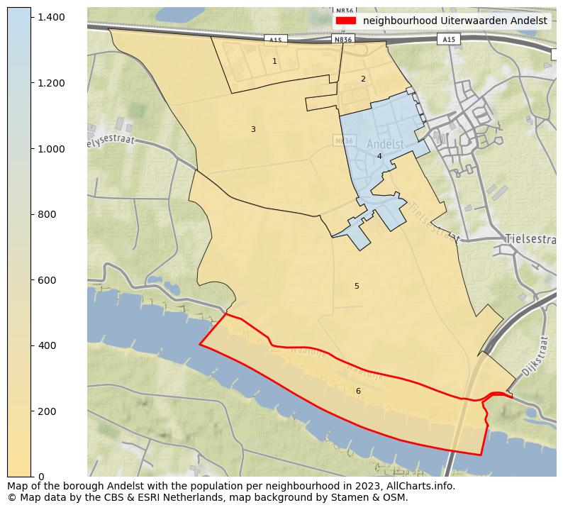 Map of the borough Andelst with the population per neighbourhood in 2023. This page shows a lot of information about residents (such as the distribution by age groups, family composition, gender, native or Dutch with an immigration background, ...), homes (numbers, types, price development, use, type of property, ...) and more (car ownership, energy consumption, ...) based on open data from the Dutch Central Bureau of Statistics and various other sources!