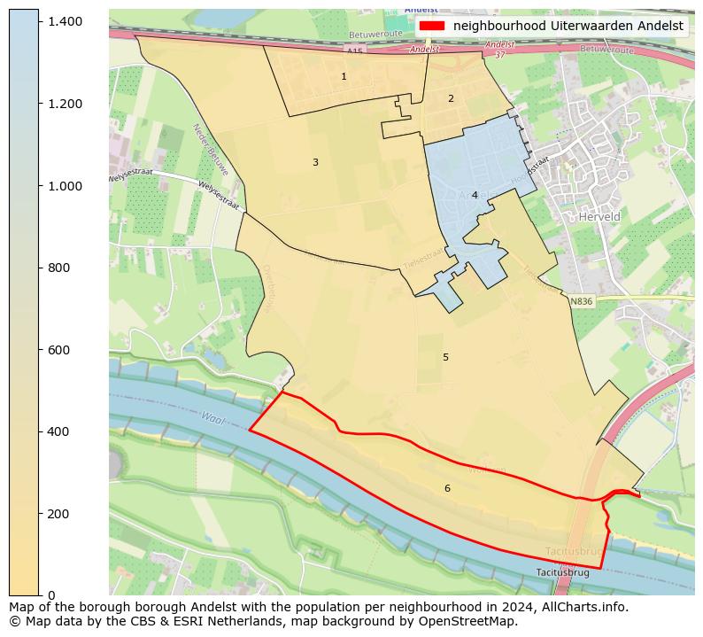 Image of the neighbourhood Uiterwaarden Andelst at the map. This image is used as introduction to this page. This page shows a lot of information about the population in the neighbourhood Uiterwaarden Andelst (such as the distribution by age groups of the residents, the composition of households, whether inhabitants are natives or Dutch with an immigration background, data about the houses (numbers, types, price development, use, type of property, ...) and more (car ownership, energy consumption, ...) based on open data from the Dutch Central Bureau of Statistics and various other sources!