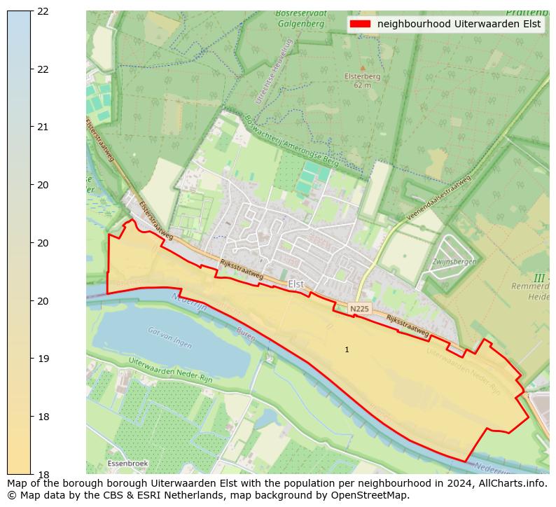 Image of the neighbourhood Uiterwaarden Elst at the map. This image is used as introduction to this page. This page shows a lot of information about the population in the neighbourhood Uiterwaarden Elst (such as the distribution by age groups of the residents, the composition of households, whether inhabitants are natives or Dutch with an immigration background, data about the houses (numbers, types, price development, use, type of property, ...) and more (car ownership, energy consumption, ...) based on open data from the Dutch Central Bureau of Statistics and various other sources!