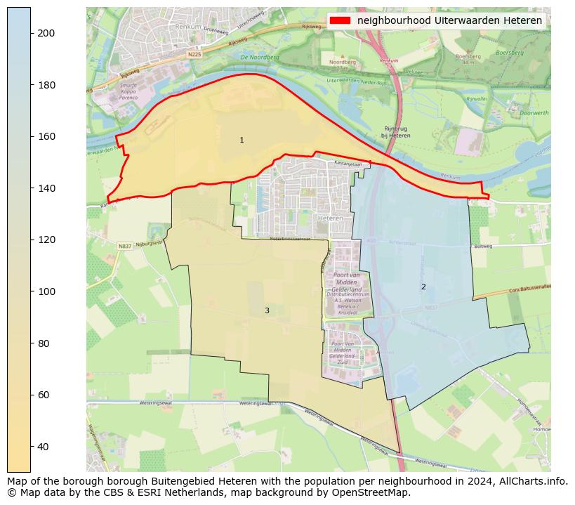 Image of the neighbourhood Uiterwaarden Heteren at the map. This image is used as introduction to this page. This page shows a lot of information about the population in the neighbourhood Uiterwaarden Heteren (such as the distribution by age groups of the residents, the composition of households, whether inhabitants are natives or Dutch with an immigration background, data about the houses (numbers, types, price development, use, type of property, ...) and more (car ownership, energy consumption, ...) based on open data from the Dutch Central Bureau of Statistics and various other sources!