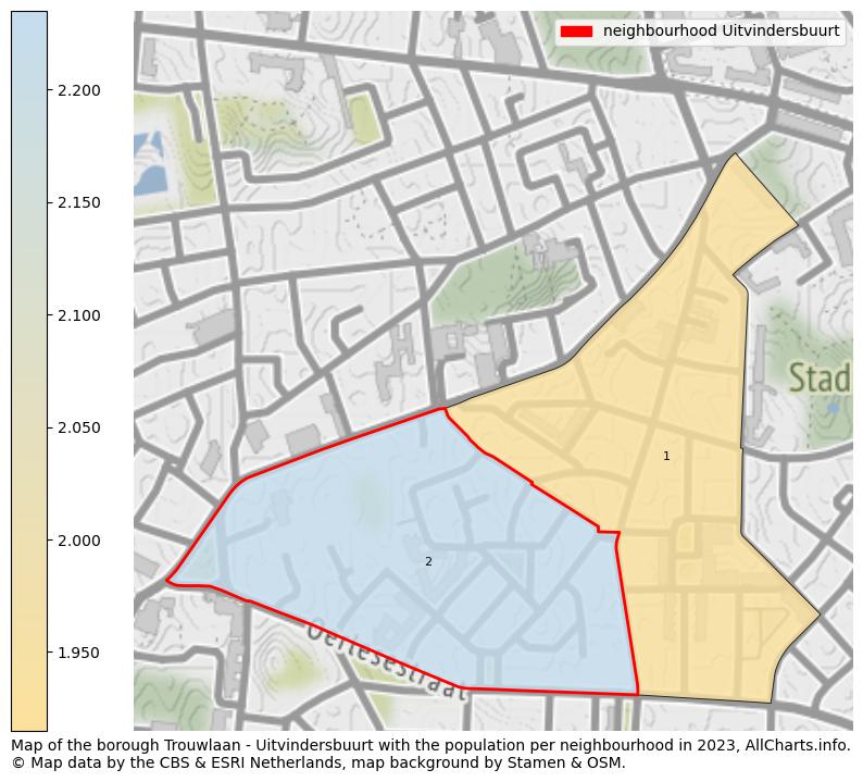 Map of the borough Trouwlaan - Uitvindersbuurt with the population per neighbourhood in 2023. This page shows a lot of information about residents (such as the distribution by age groups, family composition, gender, native or Dutch with an immigration background, ...), homes (numbers, types, price development, use, type of property, ...) and more (car ownership, energy consumption, ...) based on open data from the Dutch Central Bureau of Statistics and various other sources!