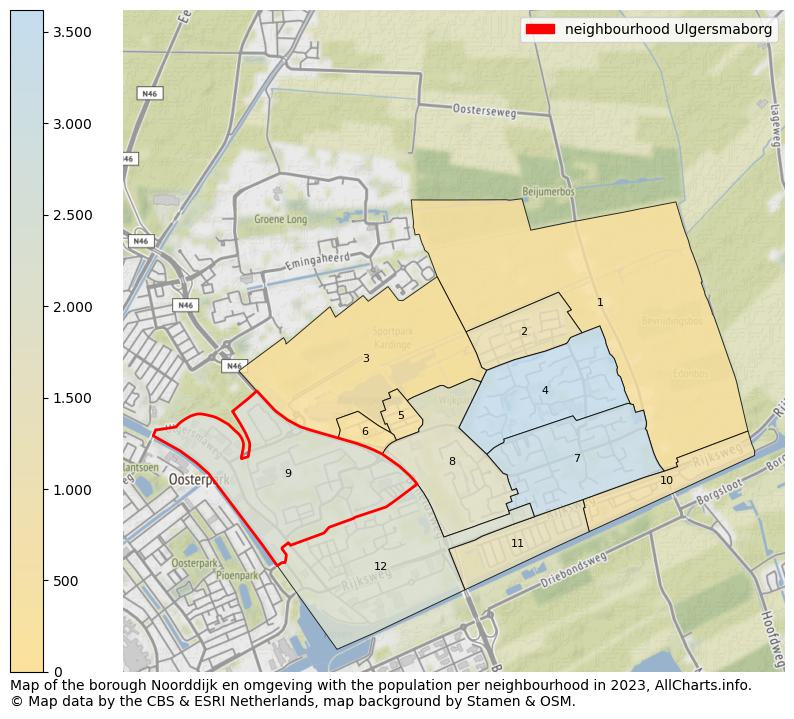 Map of the borough Noorddijk en omgeving with the population per neighbourhood in 2023. This page shows a lot of information about residents (such as the distribution by age groups, family composition, gender, native or Dutch with an immigration background, ...), homes (numbers, types, price development, use, type of property, ...) and more (car ownership, energy consumption, ...) based on open data from the Dutch Central Bureau of Statistics and various other sources!