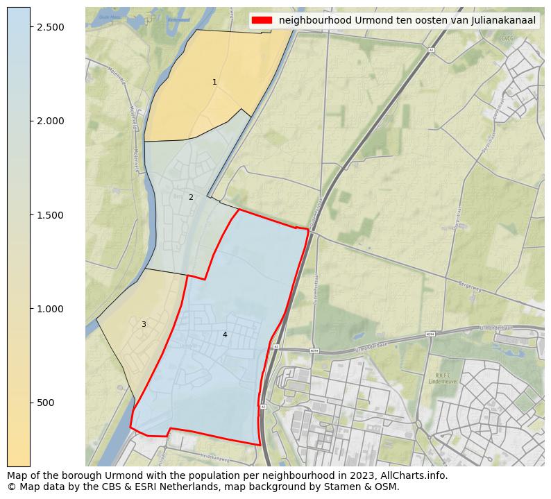 Map of the borough Urmond with the population per neighbourhood in 2023. This page shows a lot of information about residents (such as the distribution by age groups, family composition, gender, native or Dutch with an immigration background, ...), homes (numbers, types, price development, use, type of property, ...) and more (car ownership, energy consumption, ...) based on open data from the Dutch Central Bureau of Statistics and various other sources!