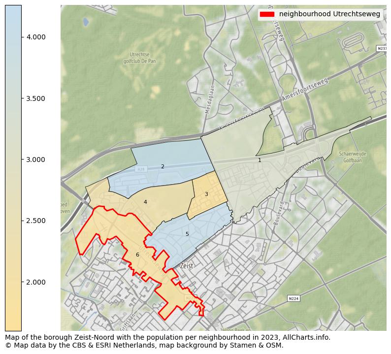 Map of the borough Zeist-Noord with the population per neighbourhood in 2023. This page shows a lot of information about residents (such as the distribution by age groups, family composition, gender, native or Dutch with an immigration background, ...), homes (numbers, types, price development, use, type of property, ...) and more (car ownership, energy consumption, ...) based on open data from the Dutch Central Bureau of Statistics and various other sources!