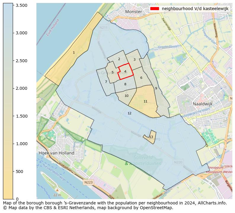 Image of the neighbourhood V/d kasteelewijk at the map. This image is used as introduction to this page. This page shows a lot of information about the population in the neighbourhood V/d kasteelewijk (such as the distribution by age groups of the residents, the composition of households, whether inhabitants are natives or Dutch with an immigration background, data about the houses (numbers, types, price development, use, type of property, ...) and more (car ownership, energy consumption, ...) based on open data from the Dutch Central Bureau of Statistics and various other sources!