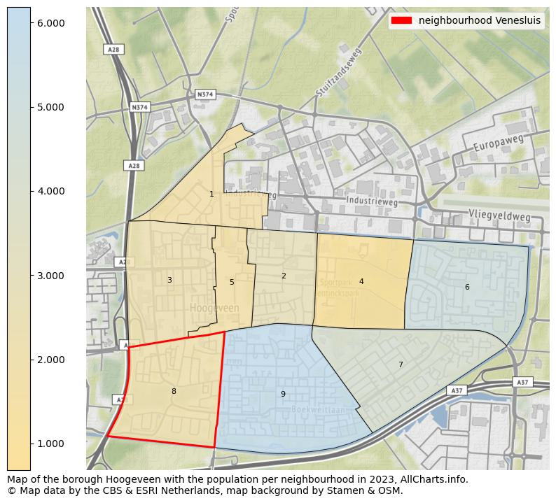 Map of the borough Hoogeveen with the population per neighbourhood in 2023. This page shows a lot of information about residents (such as the distribution by age groups, family composition, gender, native or Dutch with an immigration background, ...), homes (numbers, types, price development, use, type of property, ...) and more (car ownership, energy consumption, ...) based on open data from the Dutch Central Bureau of Statistics and various other sources!