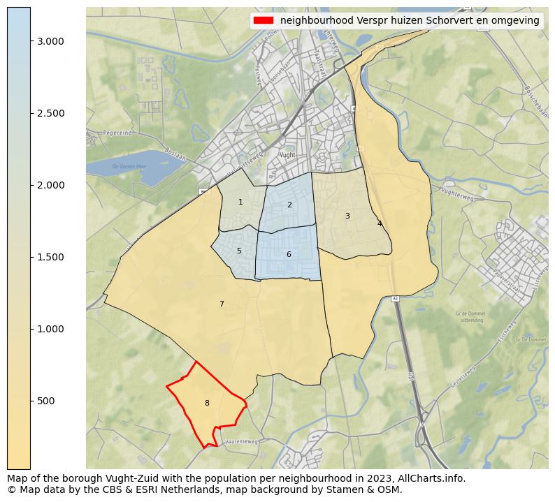 Map of the borough Vught-Zuid with the population per neighbourhood in 2023. This page shows a lot of information about residents (such as the distribution by age groups, family composition, gender, native or Dutch with an immigration background, ...), homes (numbers, types, price development, use, type of property, ...) and more (car ownership, energy consumption, ...) based on open data from the Dutch Central Bureau of Statistics and various other sources!