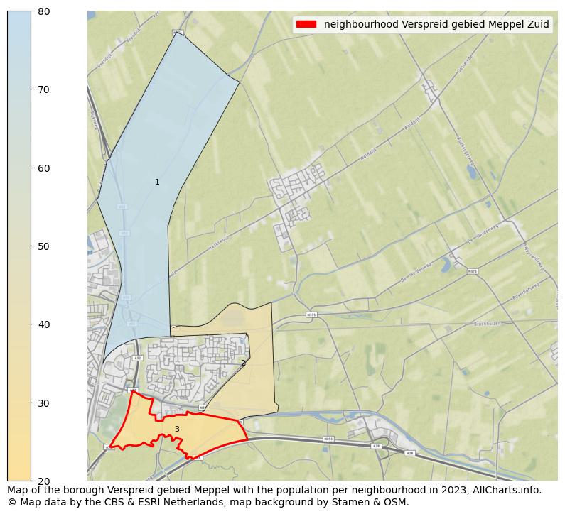 Map of the borough Verspreid gebied Meppel with the population per neighbourhood in 2023. This page shows a lot of information about residents (such as the distribution by age groups, family composition, gender, native or Dutch with an immigration background, ...), homes (numbers, types, price development, use, type of property, ...) and more (car ownership, energy consumption, ...) based on open data from the Dutch Central Bureau of Statistics and various other sources!