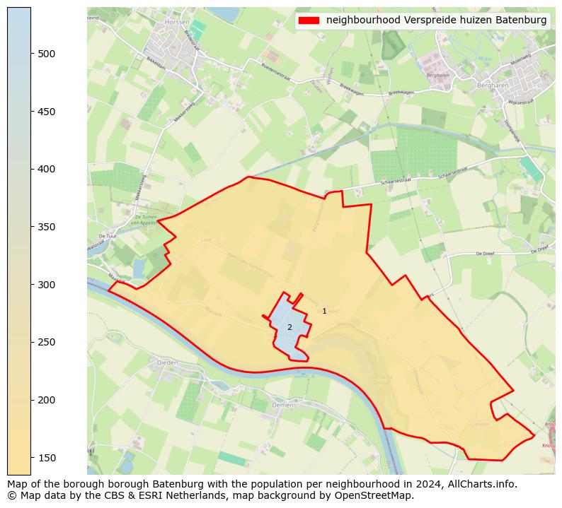 Image of the neighbourhood Verspreide huizen Batenburg at the map. This image is used as introduction to this page. This page shows a lot of information about the population in the neighbourhood Verspreide huizen Batenburg (such as the distribution by age groups of the residents, the composition of households, whether inhabitants are natives or Dutch with an immigration background, data about the houses (numbers, types, price development, use, type of property, ...) and more (car ownership, energy consumption, ...) based on open data from the Dutch Central Bureau of Statistics and various other sources!