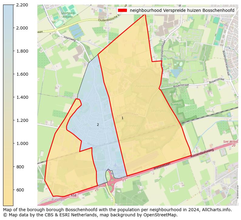 Image of the neighbourhood Verspreide huizen Bosschenhoofd at the map. This image is used as introduction to this page. This page shows a lot of information about the population in the neighbourhood Verspreide huizen Bosschenhoofd (such as the distribution by age groups of the residents, the composition of households, whether inhabitants are natives or Dutch with an immigration background, data about the houses (numbers, types, price development, use, type of property, ...) and more (car ownership, energy consumption, ...) based on open data from the Dutch Central Bureau of Statistics and various other sources!