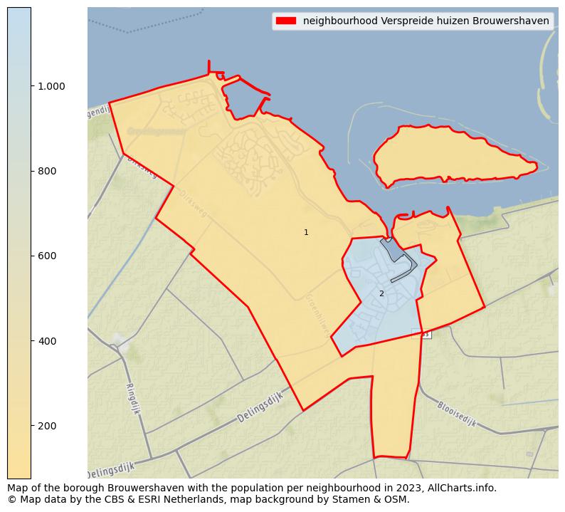 Map of the borough Brouwershaven with the population per neighbourhood in 2023. This page shows a lot of information about residents (such as the distribution by age groups, family composition, gender, native or Dutch with an immigration background, ...), homes (numbers, types, price development, use, type of property, ...) and more (car ownership, energy consumption, ...) based on open data from the Dutch Central Bureau of Statistics and various other sources!