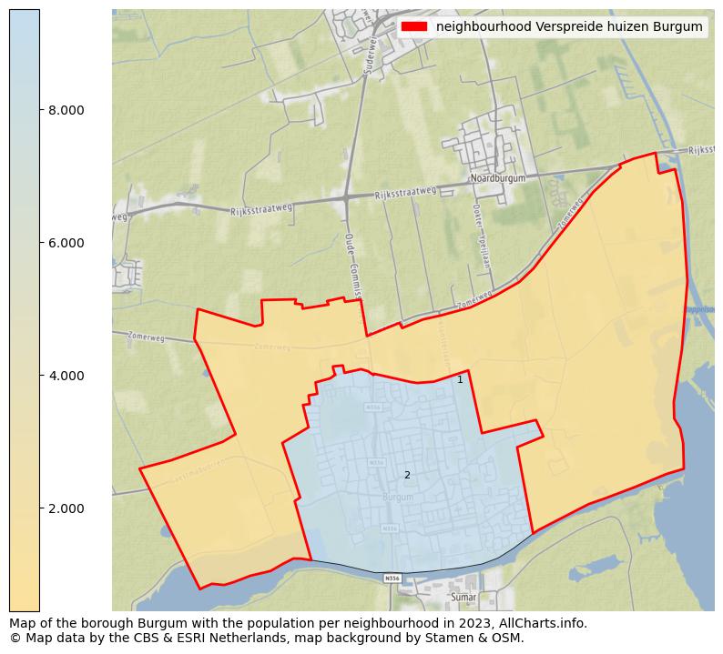 Map of the borough Burgum with the population per neighbourhood in 2023. This page shows a lot of information about residents (such as the distribution by age groups, family composition, gender, native or Dutch with an immigration background, ...), homes (numbers, types, price development, use, type of property, ...) and more (car ownership, energy consumption, ...) based on open data from the Dutch Central Bureau of Statistics and various other sources!