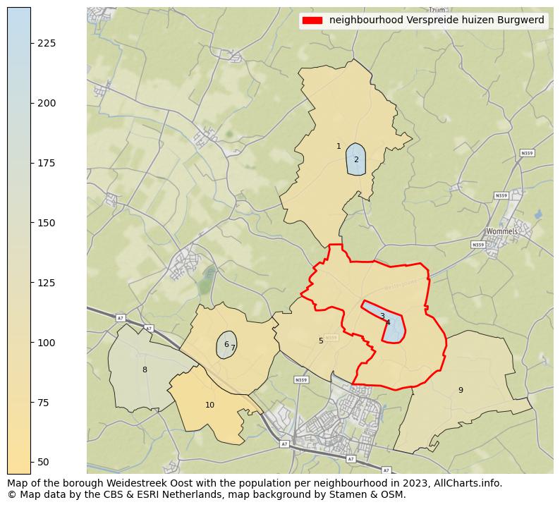 Map of the borough Weidestreek Oost with the population per neighbourhood in 2023. This page shows a lot of information about residents (such as the distribution by age groups, family composition, gender, native or Dutch with an immigration background, ...), homes (numbers, types, price development, use, type of property, ...) and more (car ownership, energy consumption, ...) based on open data from the Dutch Central Bureau of Statistics and various other sources!
