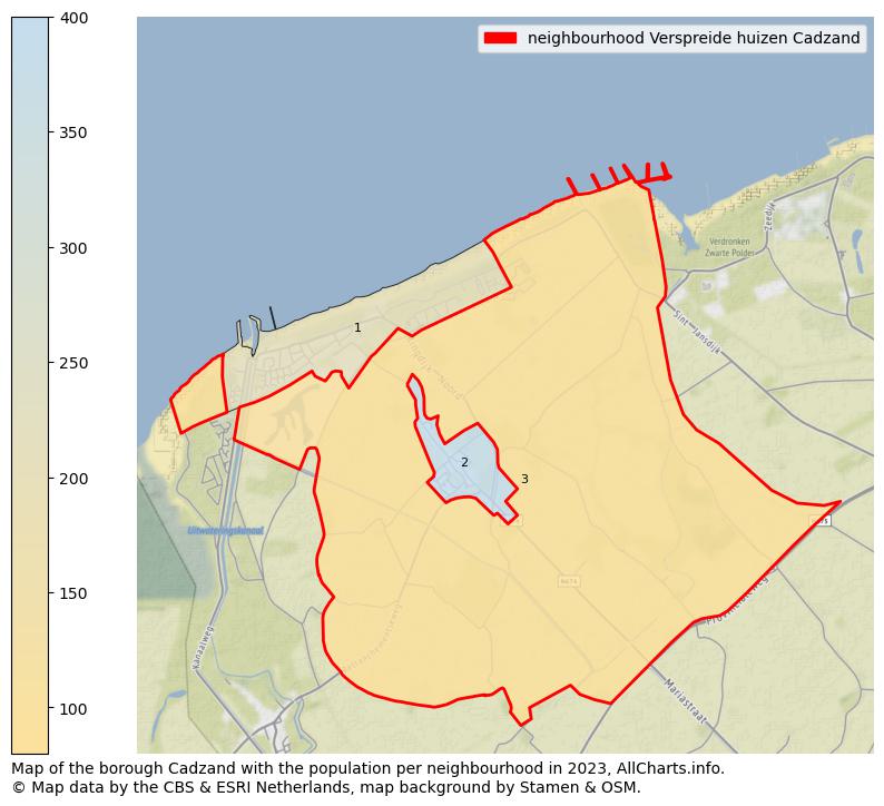 Map of the borough Cadzand with the population per neighbourhood in 2023. This page shows a lot of information about residents (such as the distribution by age groups, family composition, gender, native or Dutch with an immigration background, ...), homes (numbers, types, price development, use, type of property, ...) and more (car ownership, energy consumption, ...) based on open data from the Dutch Central Bureau of Statistics and various other sources!