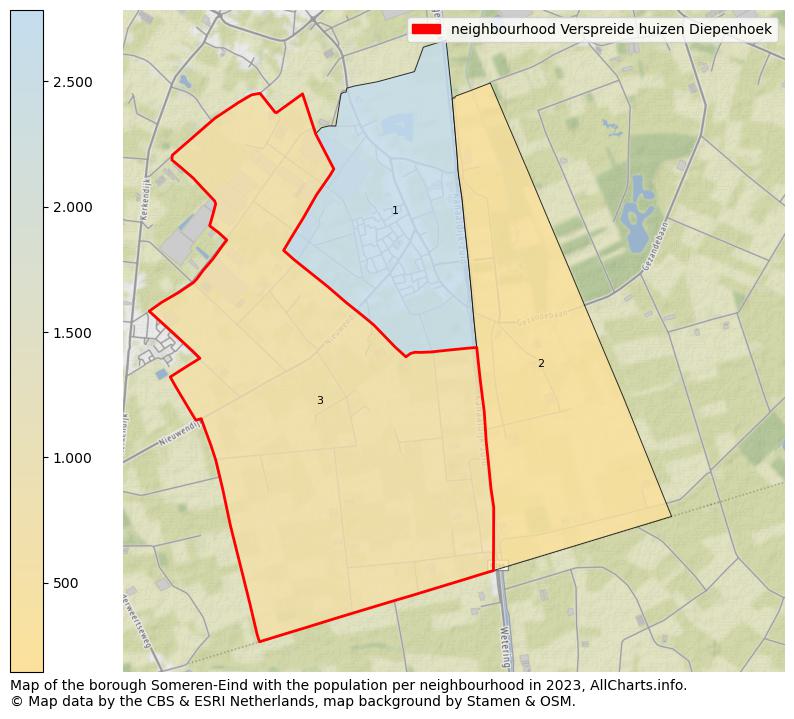 Map of the borough Someren-Eind with the population per neighbourhood in 2023. This page shows a lot of information about residents (such as the distribution by age groups, family composition, gender, native or Dutch with an immigration background, ...), homes (numbers, types, price development, use, type of property, ...) and more (car ownership, energy consumption, ...) based on open data from the Dutch Central Bureau of Statistics and various other sources!