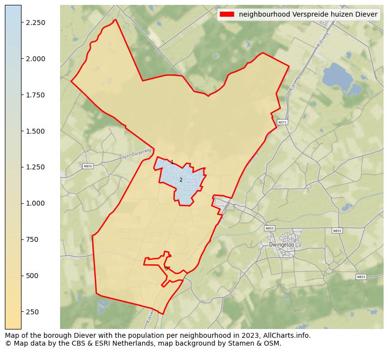Map of the borough Diever with the population per neighbourhood in 2023. This page shows a lot of information about residents (such as the distribution by age groups, family composition, gender, native or Dutch with an immigration background, ...), homes (numbers, types, price development, use, type of property, ...) and more (car ownership, energy consumption, ...) based on open data from the Dutch Central Bureau of Statistics and various other sources!