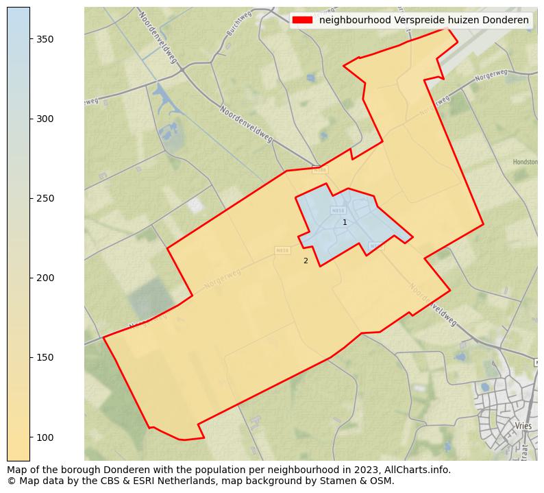 Map of the borough Donderen with the population per neighbourhood in 2023. This page shows a lot of information about residents (such as the distribution by age groups, family composition, gender, native or Dutch with an immigration background, ...), homes (numbers, types, price development, use, type of property, ...) and more (car ownership, energy consumption, ...) based on open data from the Dutch Central Bureau of Statistics and various other sources!