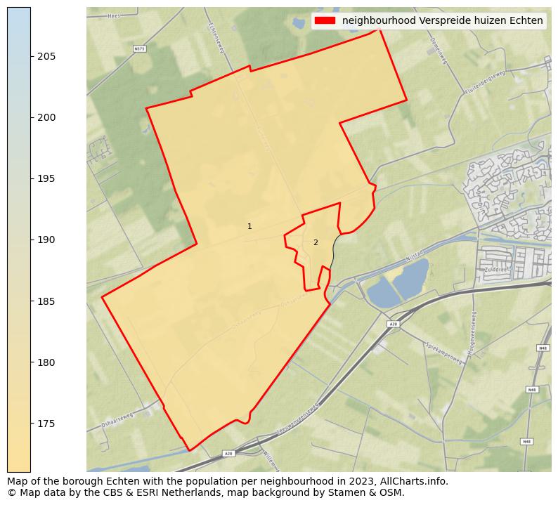 Map of the borough Echten with the population per neighbourhood in 2023. This page shows a lot of information about residents (such as the distribution by age groups, family composition, gender, native or Dutch with an immigration background, ...), homes (numbers, types, price development, use, type of property, ...) and more (car ownership, energy consumption, ...) based on open data from the Dutch Central Bureau of Statistics and various other sources!