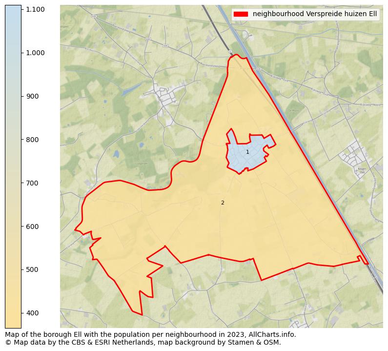 Map of the borough Ell with the population per neighbourhood in 2023. This page shows a lot of information about residents (such as the distribution by age groups, family composition, gender, native or Dutch with an immigration background, ...), homes (numbers, types, price development, use, type of property, ...) and more (car ownership, energy consumption, ...) based on open data from the Dutch Central Bureau of Statistics and various other sources!