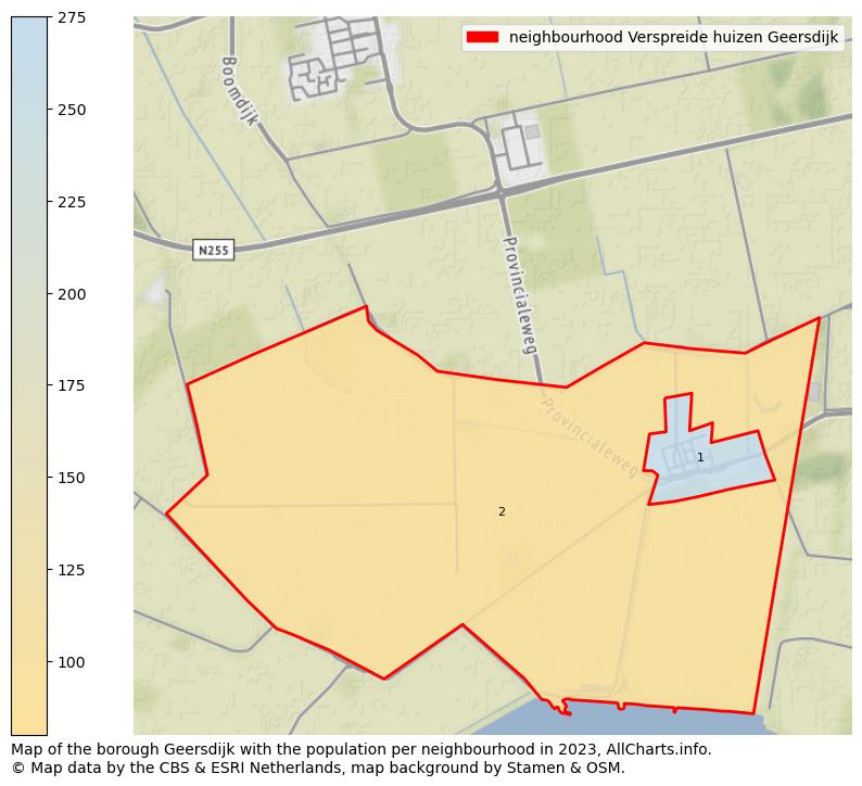 Map of the borough Geersdijk with the population per neighbourhood in 2023. This page shows a lot of information about residents (such as the distribution by age groups, family composition, gender, native or Dutch with an immigration background, ...), homes (numbers, types, price development, use, type of property, ...) and more (car ownership, energy consumption, ...) based on open data from the Dutch Central Bureau of Statistics and various other sources!