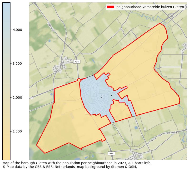 Map of the borough Gieten with the population per neighbourhood in 2023. This page shows a lot of information about residents (such as the distribution by age groups, family composition, gender, native or Dutch with an immigration background, ...), homes (numbers, types, price development, use, type of property, ...) and more (car ownership, energy consumption, ...) based on open data from the Dutch Central Bureau of Statistics and various other sources!