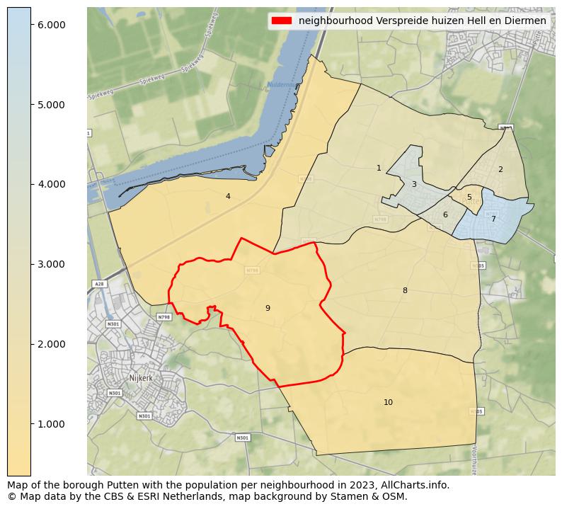 Map of the borough Putten with the population per neighbourhood in 2023. This page shows a lot of information about residents (such as the distribution by age groups, family composition, gender, native or Dutch with an immigration background, ...), homes (numbers, types, price development, use, type of property, ...) and more (car ownership, energy consumption, ...) based on open data from the Dutch Central Bureau of Statistics and various other sources!
