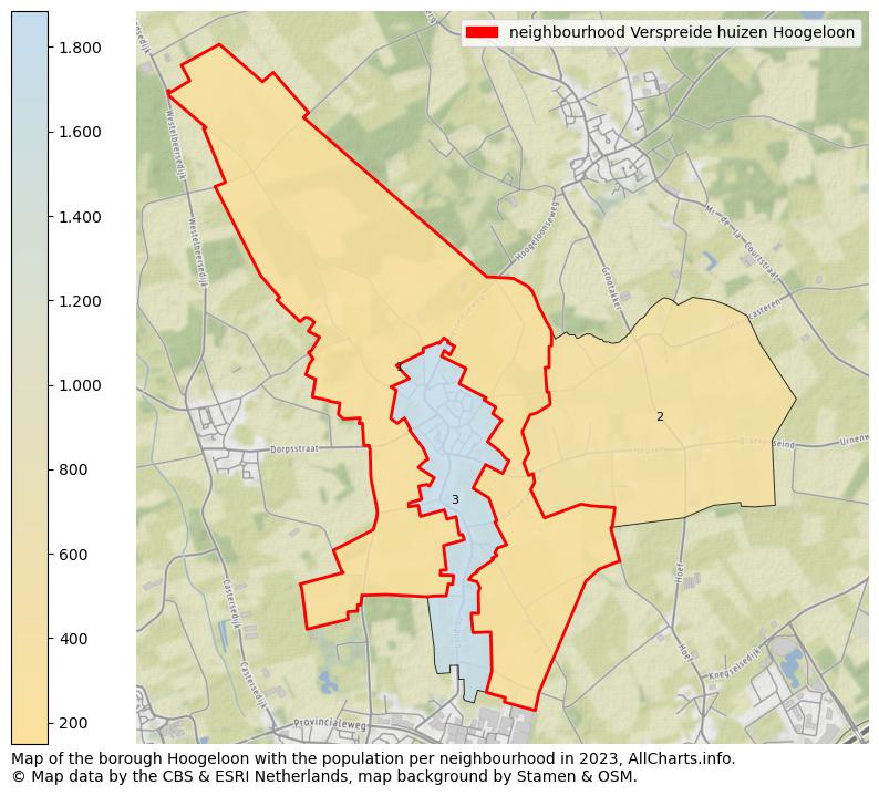 Map of the borough Hoogeloon with the population per neighbourhood in 2023. This page shows a lot of information about residents (such as the distribution by age groups, family composition, gender, native or Dutch with an immigration background, ...), homes (numbers, types, price development, use, type of property, ...) and more (car ownership, energy consumption, ...) based on open data from the Dutch Central Bureau of Statistics and various other sources!