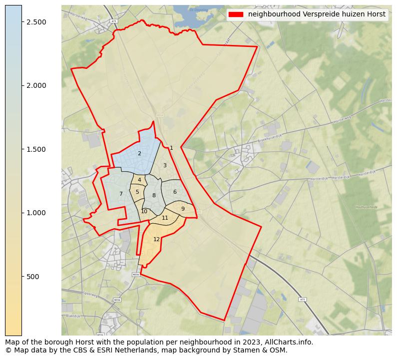 Map of the borough Horst with the population per neighbourhood in 2023. This page shows a lot of information about residents (such as the distribution by age groups, family composition, gender, native or Dutch with an immigration background, ...), homes (numbers, types, price development, use, type of property, ...) and more (car ownership, energy consumption, ...) based on open data from the Dutch Central Bureau of Statistics and various other sources!