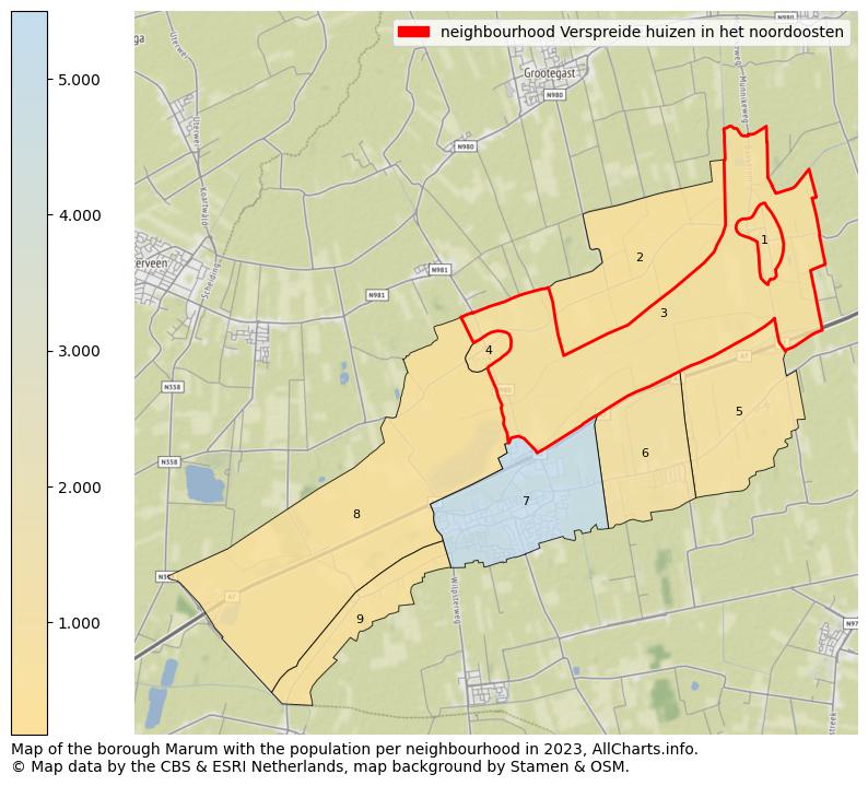 Map of the borough Marum with the population per neighbourhood in 2023. This page shows a lot of information about residents (such as the distribution by age groups, family composition, gender, native or Dutch with an immigration background, ...), homes (numbers, types, price development, use, type of property, ...) and more (car ownership, energy consumption, ...) based on open data from the Dutch Central Bureau of Statistics and various other sources!