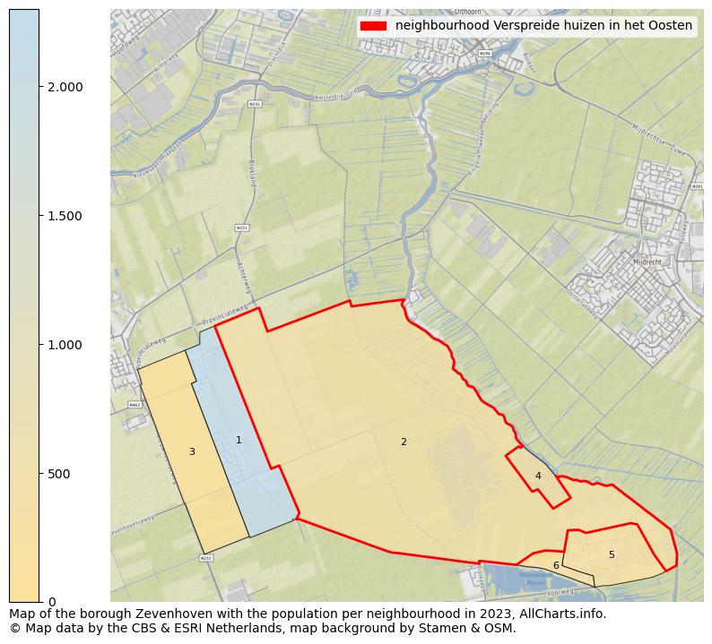 Map of the borough Zevenhoven with the population per neighbourhood in 2023. This page shows a lot of information about residents (such as the distribution by age groups, family composition, gender, native or Dutch with an immigration background, ...), homes (numbers, types, price development, use, type of property, ...) and more (car ownership, energy consumption, ...) based on open data from the Dutch Central Bureau of Statistics and various other sources!