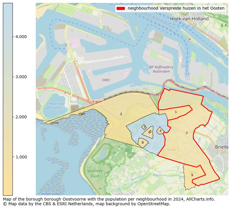 Map of the borough Oostvoorne with the population per neighbourhood in 2023. This page shows a lot of information about residents (such as the distribution by age groups, family composition, gender, native or Dutch with an immigration background, ...), homes (numbers, types, price development, use, type of property, ...) and more (car ownership, energy consumption, ...) based on open data from the Dutch Central Bureau of Statistics and various other sources!