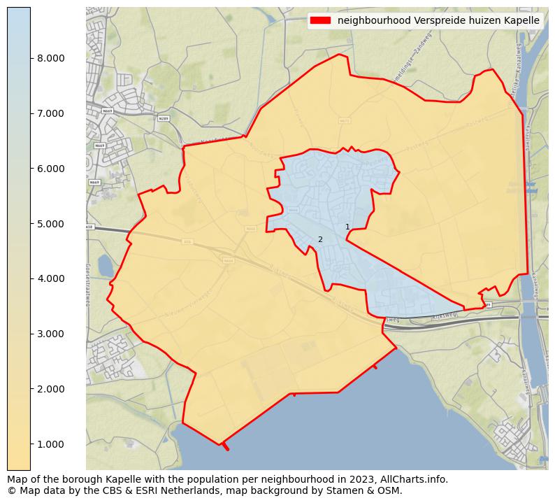 Map of the borough Kapelle with the population per neighbourhood in 2023. This page shows a lot of information about residents (such as the distribution by age groups, family composition, gender, native or Dutch with an immigration background, ...), homes (numbers, types, price development, use, type of property, ...) and more (car ownership, energy consumption, ...) based on open data from the Dutch Central Bureau of Statistics and various other sources!
