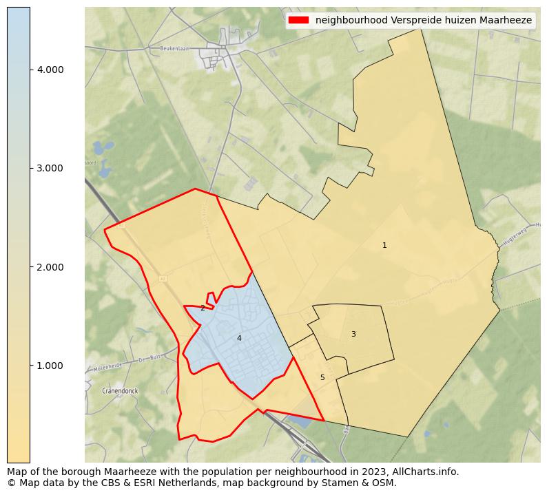 Map of the borough Maarheeze with the population per neighbourhood in 2023. This page shows a lot of information about residents (such as the distribution by age groups, family composition, gender, native or Dutch with an immigration background, ...), homes (numbers, types, price development, use, type of property, ...) and more (car ownership, energy consumption, ...) based on open data from the Dutch Central Bureau of Statistics and various other sources!