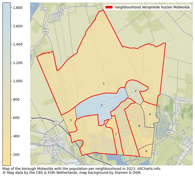 Map of the borough Midwolda with the population per neighbourhood in 2023. This page shows a lot of information about residents (such as the distribution by age groups, family composition, gender, native or Dutch with an immigration background, ...), homes (numbers, types, price development, use, type of property, ...) and more (car ownership, energy consumption, ...) based on open data from the Dutch Central Bureau of Statistics and various other sources!