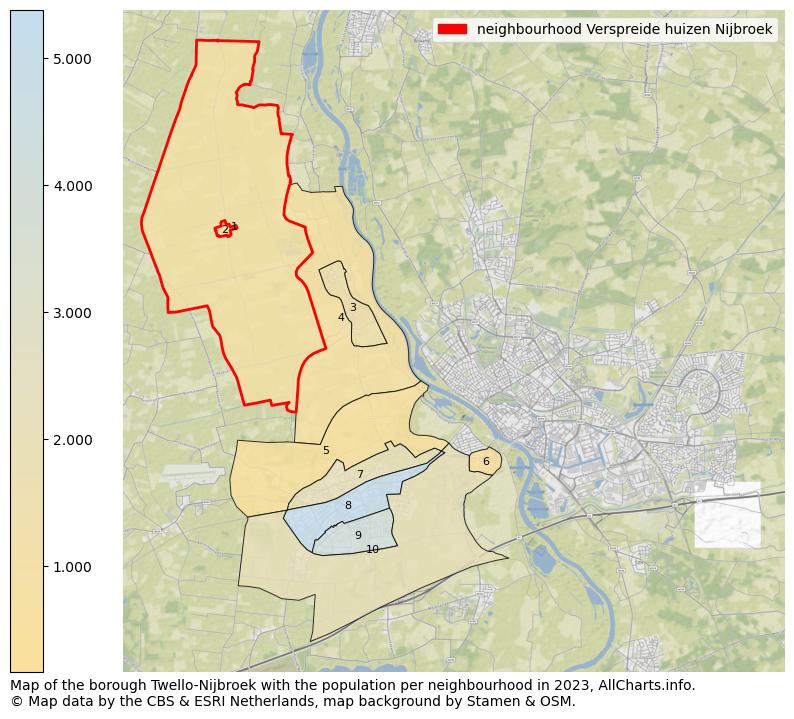 Map of the borough Twello-Nijbroek with the population per neighbourhood in 2023. This page shows a lot of information about residents (such as the distribution by age groups, family composition, gender, native or Dutch with an immigration background, ...), homes (numbers, types, price development, use, type of property, ...) and more (car ownership, energy consumption, ...) based on open data from the Dutch Central Bureau of Statistics and various other sources!