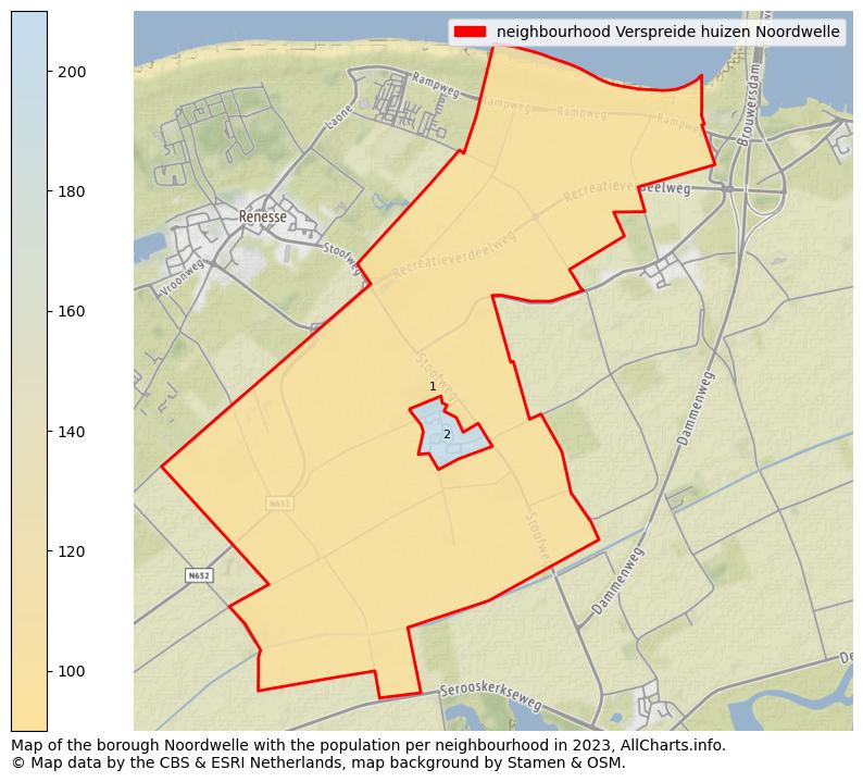 Map of the borough Noordwelle with the population per neighbourhood in 2023. This page shows a lot of information about residents (such as the distribution by age groups, family composition, gender, native or Dutch with an immigration background, ...), homes (numbers, types, price development, use, type of property, ...) and more (car ownership, energy consumption, ...) based on open data from the Dutch Central Bureau of Statistics and various other sources!