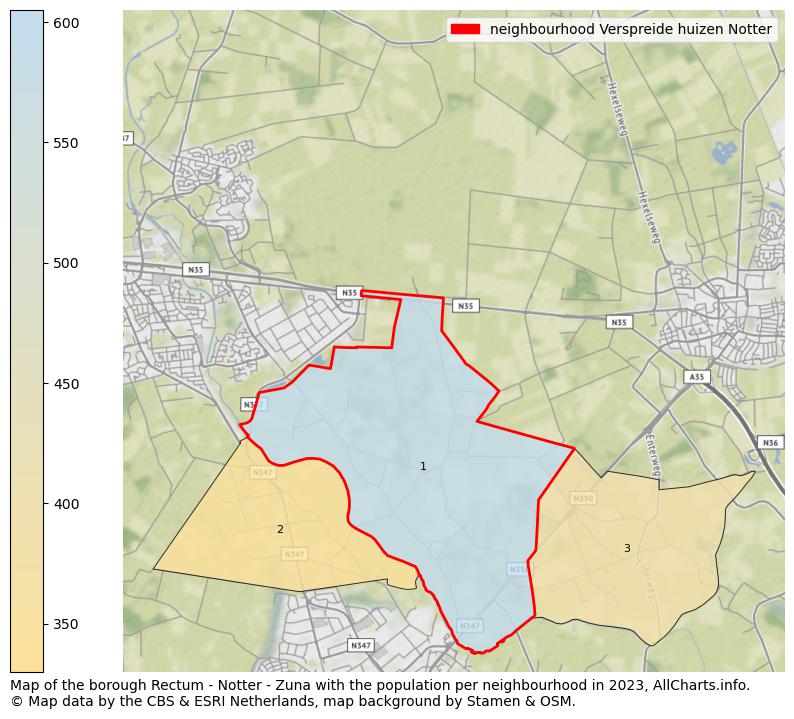 Map of the borough Rectum - Notter - Zuna with the population per neighbourhood in 2023. This page shows a lot of information about residents (such as the distribution by age groups, family composition, gender, native or Dutch with an immigration background, ...), homes (numbers, types, price development, use, type of property, ...) and more (car ownership, energy consumption, ...) based on open data from the Dutch Central Bureau of Statistics and various other sources!