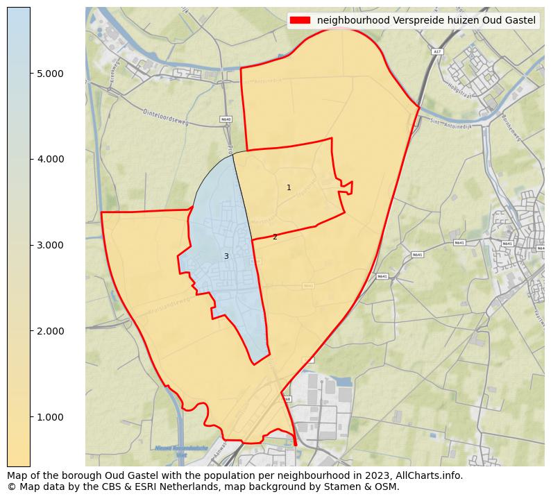 Map of the borough Oud Gastel with the population per neighbourhood in 2022. This page shows a lot of information about residents (such as the distribution by age groups, family composition, gender, native or Dutch with an immigration background, ...), homes (numbers, types, price development, use, type of property, ...) and more (car ownership, energy consumption, ...) based on open data from the Dutch Central Bureau of Statistics and various other sources!