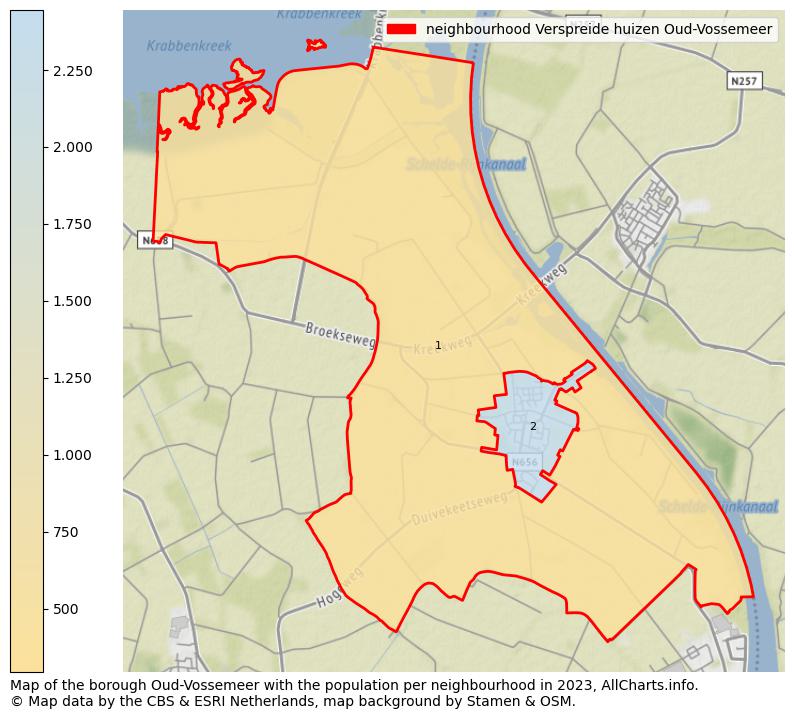 Map of the borough Oud-Vossemeer with the population per neighbourhood in 2023. This page shows a lot of information about residents (such as the distribution by age groups, family composition, gender, native or Dutch with an immigration background, ...), homes (numbers, types, price development, use, type of property, ...) and more (car ownership, energy consumption, ...) based on open data from the Dutch Central Bureau of Statistics and various other sources!