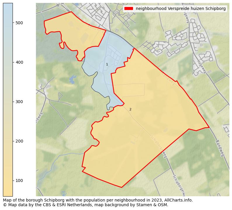 Map of the borough Schipborg with the population per neighbourhood in 2023. This page shows a lot of information about residents (such as the distribution by age groups, family composition, gender, native or Dutch with an immigration background, ...), homes (numbers, types, price development, use, type of property, ...) and more (car ownership, energy consumption, ...) based on open data from the Dutch Central Bureau of Statistics and various other sources!