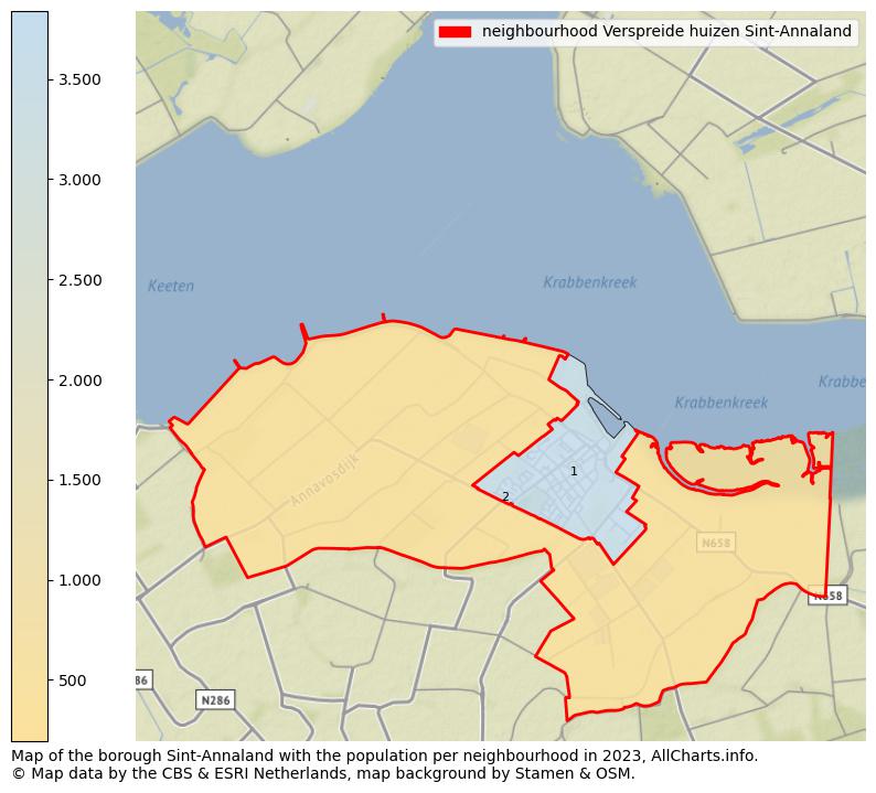 Map of the borough Sint-Annaland with the population per neighbourhood in 2023. This page shows a lot of information about residents (such as the distribution by age groups, family composition, gender, native or Dutch with an immigration background, ...), homes (numbers, types, price development, use, type of property, ...) and more (car ownership, energy consumption, ...) based on open data from the Dutch Central Bureau of Statistics and various other sources!