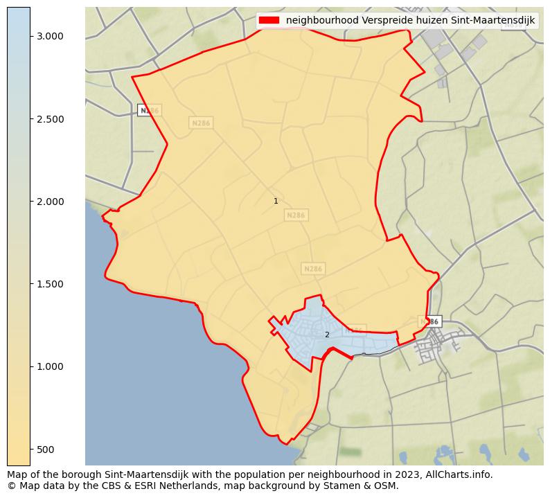Map of the borough Sint-Maartensdijk with the population per neighbourhood in 2023. This page shows a lot of information about residents (such as the distribution by age groups, family composition, gender, native or Dutch with an immigration background, ...), homes (numbers, types, price development, use, type of property, ...) and more (car ownership, energy consumption, ...) based on open data from the Dutch Central Bureau of Statistics and various other sources!