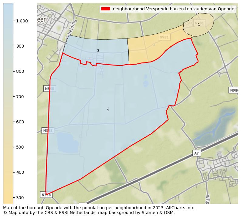 Map of the borough Opende with the population per neighbourhood in 2023. This page shows a lot of information about residents (such as the distribution by age groups, family composition, gender, native or Dutch with an immigration background, ...), homes (numbers, types, price development, use, type of property, ...) and more (car ownership, energy consumption, ...) based on open data from the Dutch Central Bureau of Statistics and various other sources!