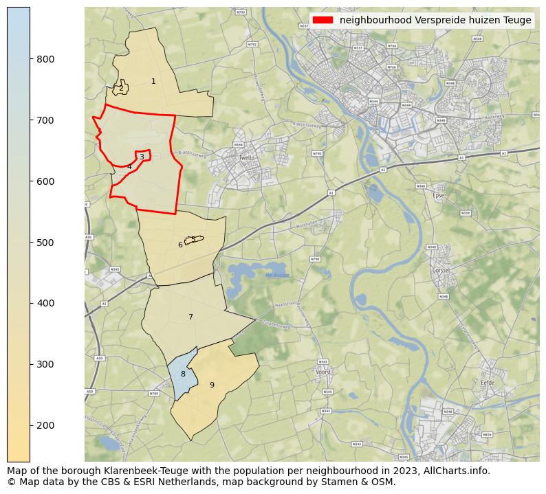 Map of the borough Klarenbeek-Teuge with the population per neighbourhood in 2023. This page shows a lot of information about residents (such as the distribution by age groups, family composition, gender, native or Dutch with an immigration background, ...), homes (numbers, types, price development, use, type of property, ...) and more (car ownership, energy consumption, ...) based on open data from the Dutch Central Bureau of Statistics and various other sources!