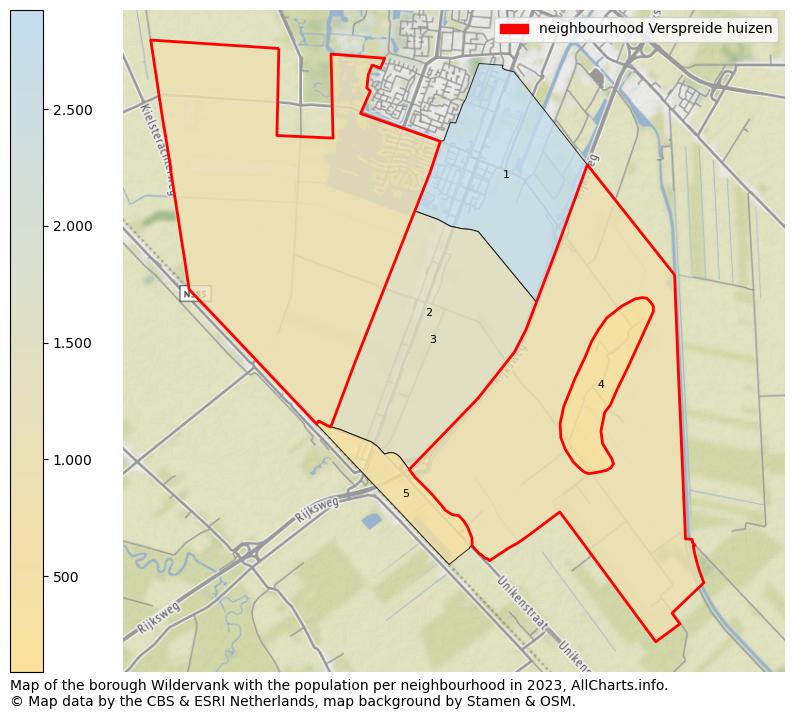 Map of the borough Wildervank with the population per neighbourhood in 2023. This page shows a lot of information about residents (such as the distribution by age groups, family composition, gender, native or Dutch with an immigration background, ...), homes (numbers, types, price development, use, type of property, ...) and more (car ownership, energy consumption, ...) based on open data from the Dutch Central Bureau of Statistics and various other sources!