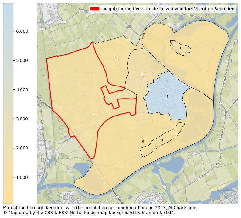 Map of the borough Kerkdriel with the population per neighbourhood in 2023. This page shows a lot of information about residents (such as the distribution by age groups, family composition, gender, native or Dutch with an immigration background, ...), homes (numbers, types, price development, use, type of property, ...) and more (car ownership, energy consumption, ...) based on open data from the Dutch Central Bureau of Statistics and various other sources!