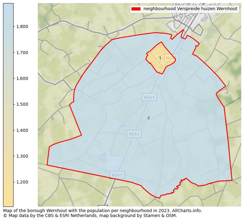 Map of the borough Wernhout with the population per neighbourhood in 2023. This page shows a lot of information about residents (such as the distribution by age groups, family composition, gender, native or Dutch with an immigration background, ...), homes (numbers, types, price development, use, type of property, ...) and more (car ownership, energy consumption, ...) based on open data from the Dutch Central Bureau of Statistics and various other sources!