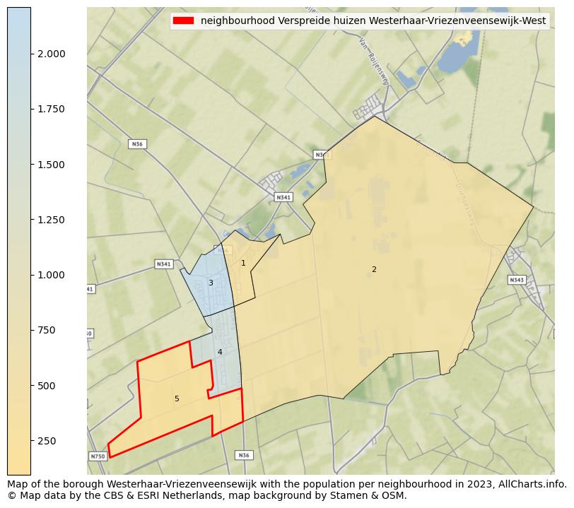 Map of the borough Westerhaar-Vriezenveensewijk with the population per neighbourhood in 2023. This page shows a lot of information about residents (such as the distribution by age groups, family composition, gender, native or Dutch with an immigration background, ...), homes (numbers, types, price development, use, type of property, ...) and more (car ownership, energy consumption, ...) based on open data from the Dutch Central Bureau of Statistics and various other sources!
